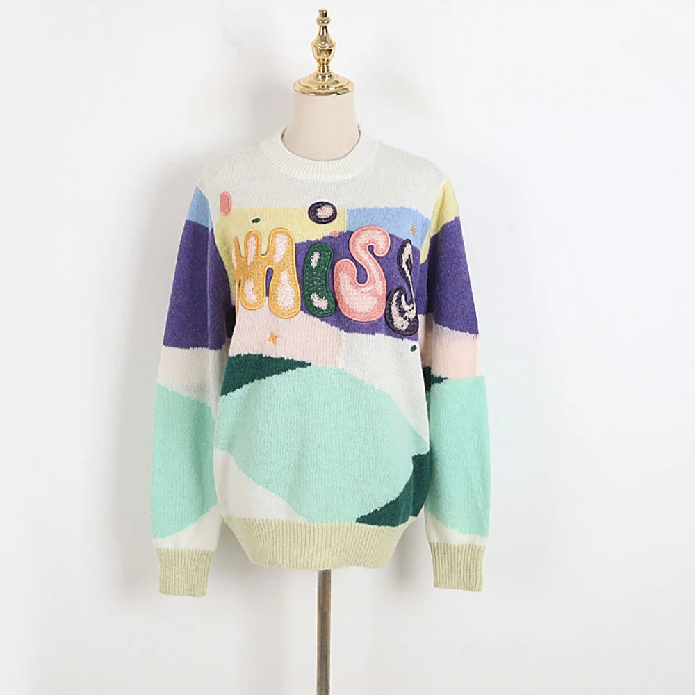 

2021 Autumn Winter New Women's Round Neck Long Sleeve Color Contrast Sweater Casual Lazy Letter Embroidery Pullover