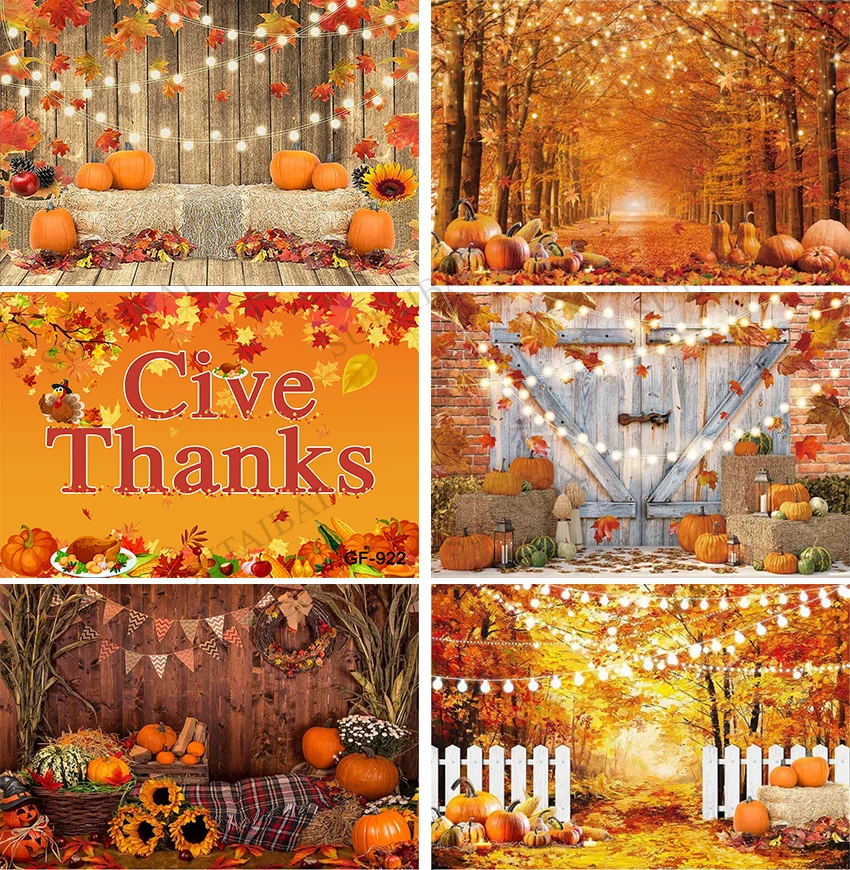 

Autumn Forest Photography Backdrop Fall Landscape Maple Leaves Background Thanksgiving Natural Scenery Pumpkins Harvest Banner