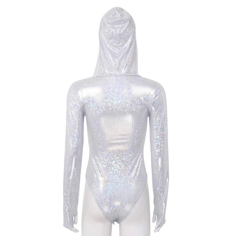 Женское блестящее боди с длинным рукавом и капюшоном| |