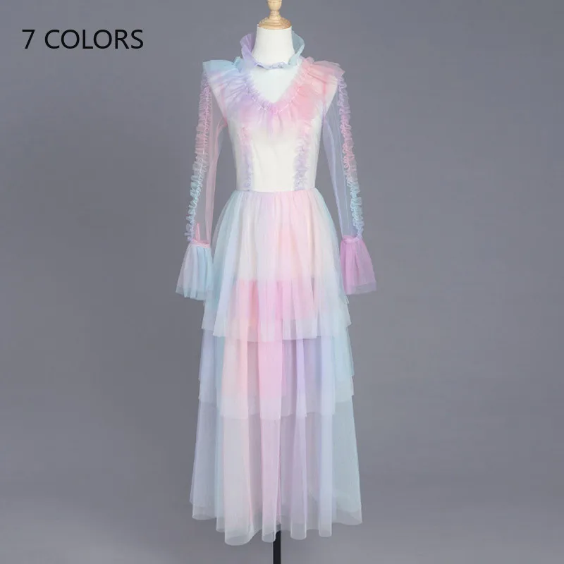 Платье с радужным градиентом весна-лето 2020 сексуальное прозрачное Сетчатое