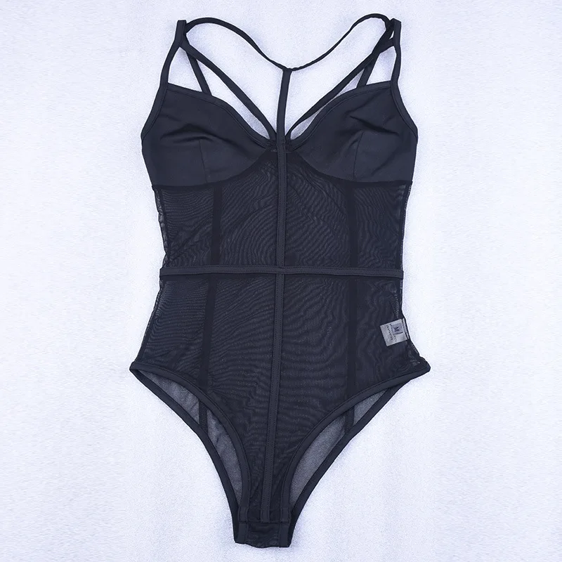 

Hotvestita 2021 New Fashion See Through Mesh Sexy Straps Bodysuits Women Hollow Out Bodycon Jumpsuits Black Body Tops Clubwear
