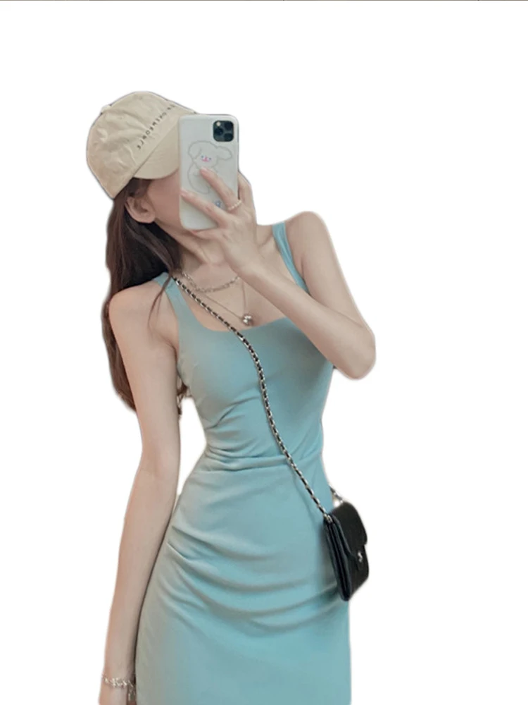 

Slim low-cut sexy suspender dress female summer 2021 new Korean version of the waist and thin knee-length skirt