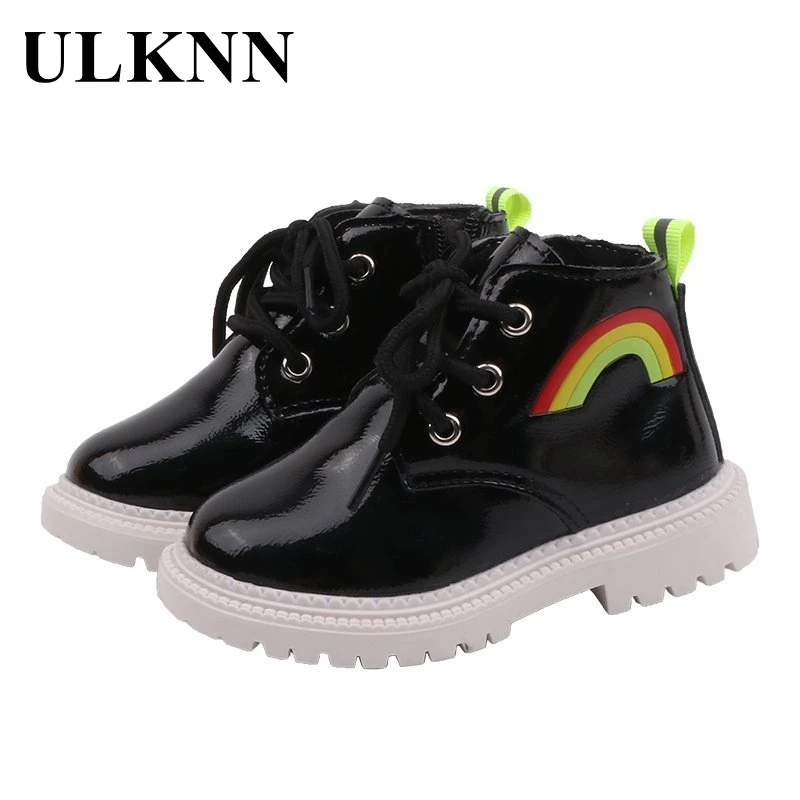 

ULKNN Popular Rainbow Fashion Children Shiny Leather Flat Martin Boots 2021 Boys And Girls Round Toe Soft Zipper/Laceup Sewing