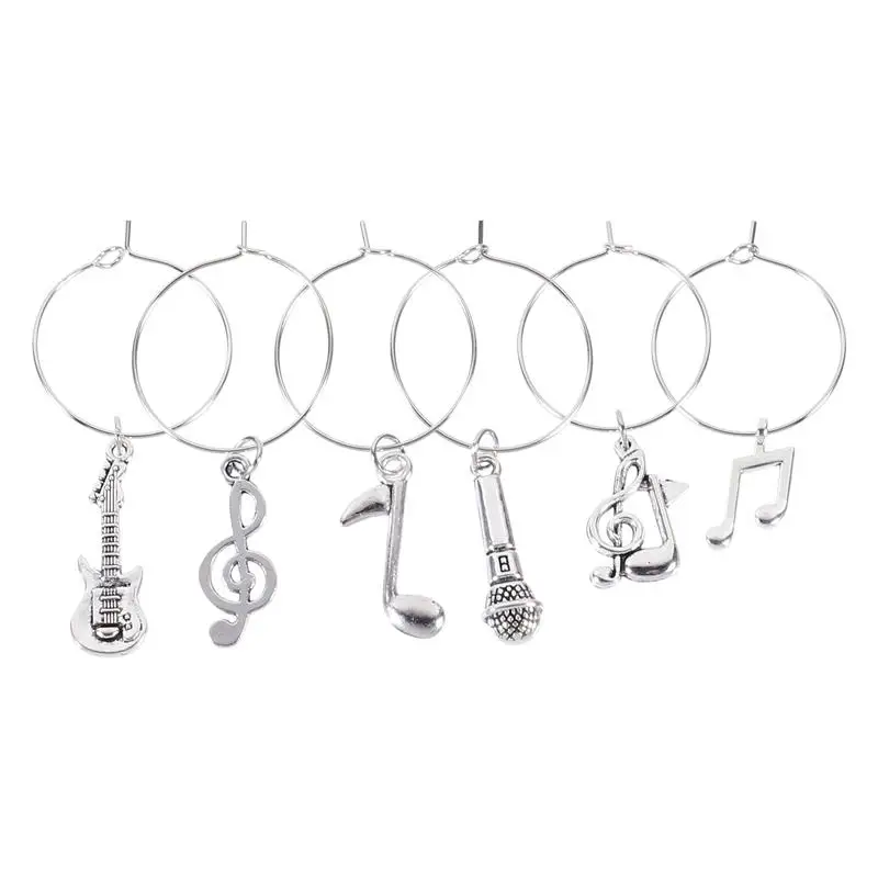 

6pcs Music Series Metal Wine Glass Rings Party Wine Glass Decors Identifiers