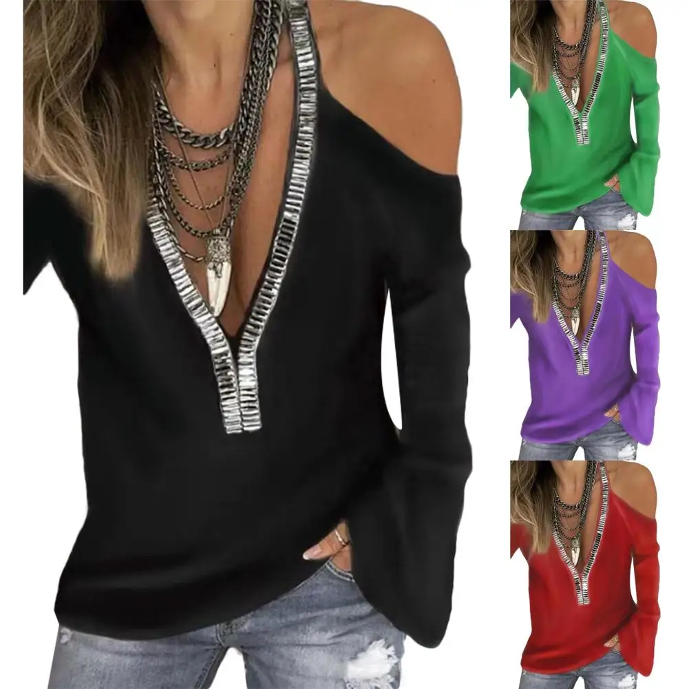 

Sexy Sequins V Neck Cold Shoulder Long Sleeve T-Shirt Women Solid Color Top Plus Size Solid Color Sequins Decor Women's T-Shirt