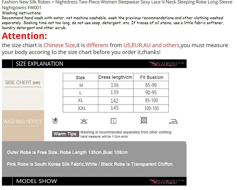 

Fashion New Silk Robes + Nightdress Two-Piece Women Sleepwear Sexy Lace V-Neck Sleeping Robe Long-Sleeve Nightgowns FW001