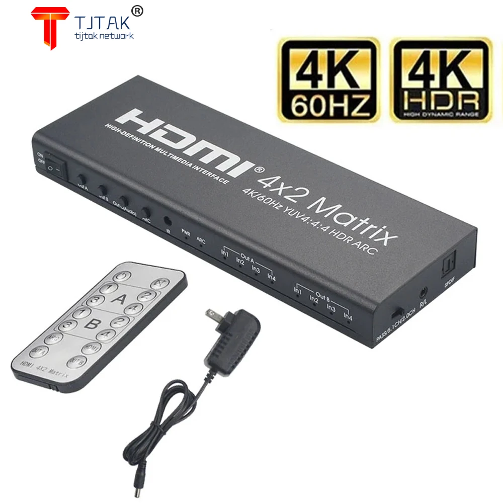 

Tjtak 4K HDMI 2.0 4X2 Matrix for HDMI Switcher 4x2 Matrix Splitter Support HD/ 3D 4K 60Hz YUV 4:4:4 HDR ARC Switcher