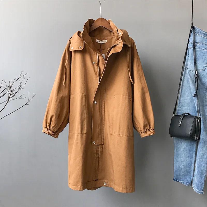 

Women Trench Coat Hoodie Autumn Winter Korean Clothes With Zipper Casual Chic Women's Windbreaker Long Trench Coat 2021