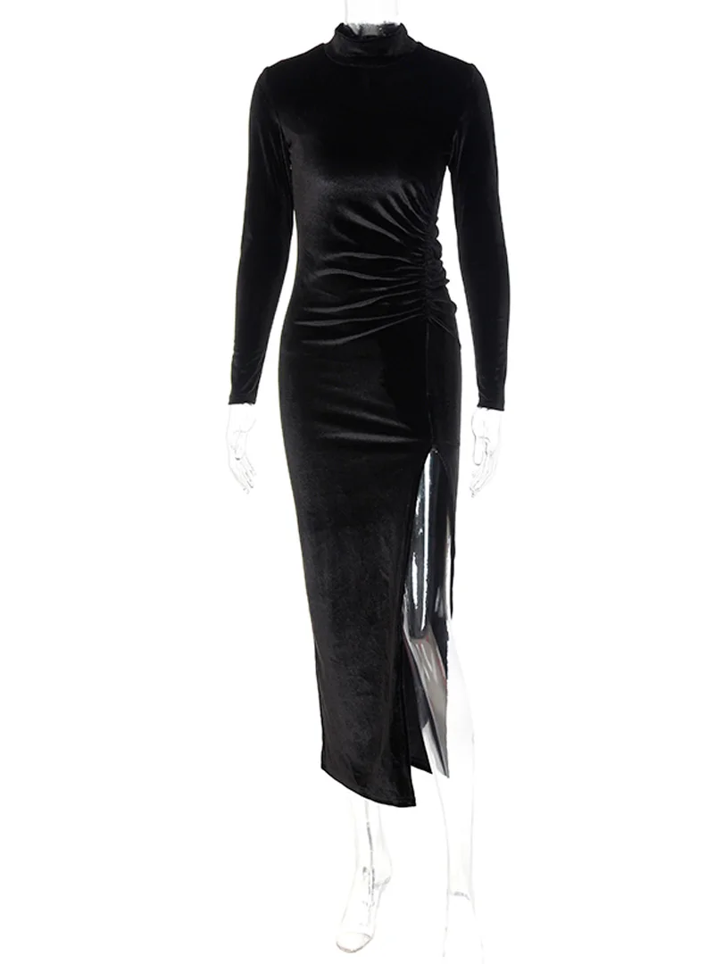 

2021 Autumn Winter Women Solid Velvet Long Sleeve Ruched Midi Dress Side Slit Bodycon Sexy Streetwear Party Elegant Club