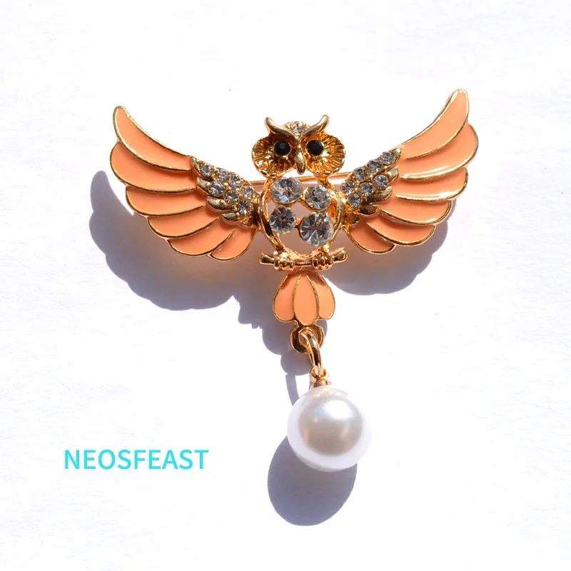 Элегантный Стразы Сова броши для женщин жемчуг эмалированный Pin персик Цвет