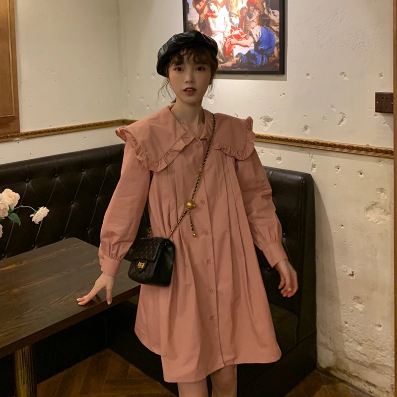 

Sweet Salt Dress Spring 2021 New French Style Retro Design Niche Doll Collar Shirt Dress for Women
