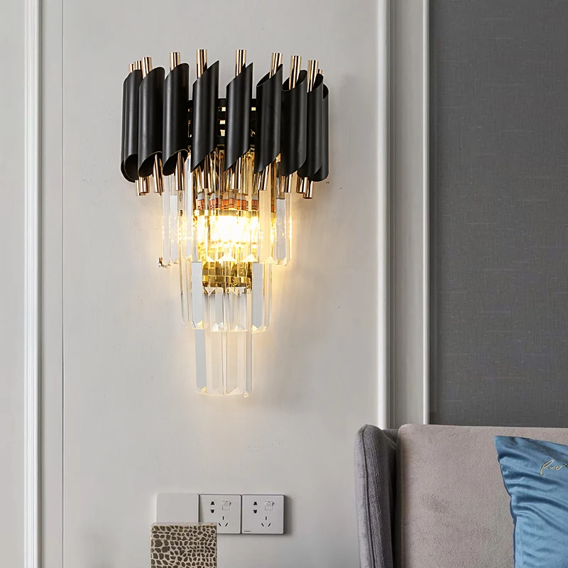 FKL Modern Crystal Black Gold Wall Lamp Postmodern Bedroom wall bedside aisle lamp For Indoor Light Fixtures | Лампы и освещение