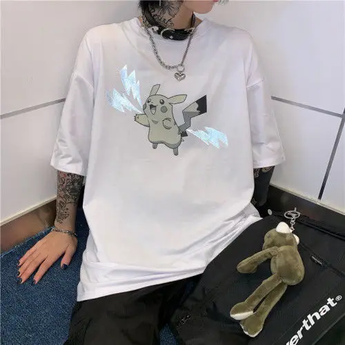 shortSleeves-White 19s Горячая Светоотражающая Kawaii с животным принтом Harajuku рубашка для мужчин женщин мода негабаритных короткий/длинный рукав Пара Одежда Лучший подарок - Цвет: shortSleeves-White