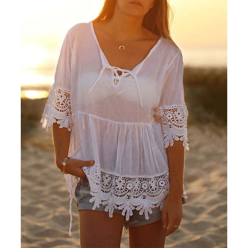Женские топы и блузки летняя Корейская одежда белая кружевная шифоновая блузка