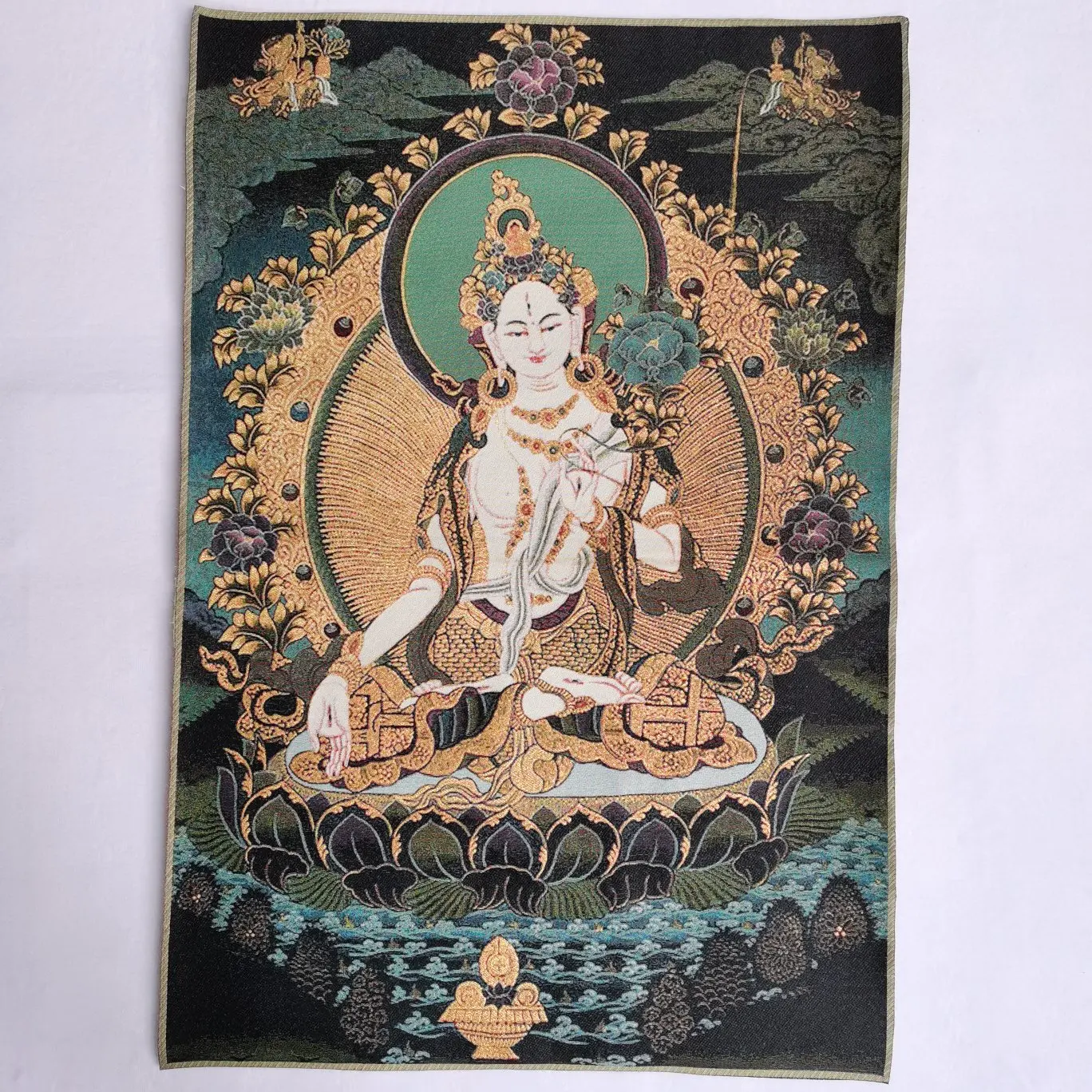 

36" Tibet Tibetan Embroidered Cloth Silk Buddhism White Tara Kwan-yin Tangka Thangka Mural Buddha Home Decor