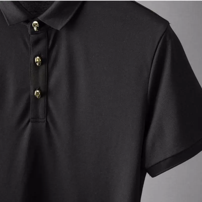 

Cotton Mens T-shirts High Quality Skull Metal Button Short Sleeve Casual Man T-shirts Fashion Slim Fit Male T-shirts