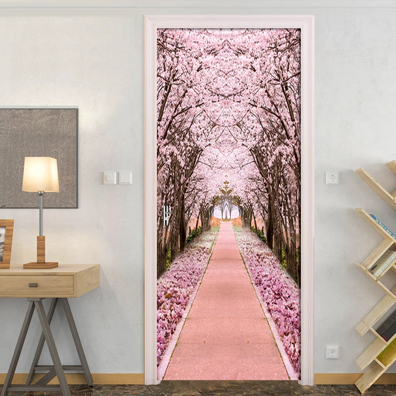 Наклейка на дверь из ПВХ самоклеящаяся водонепроницаемая с розовым вишневым