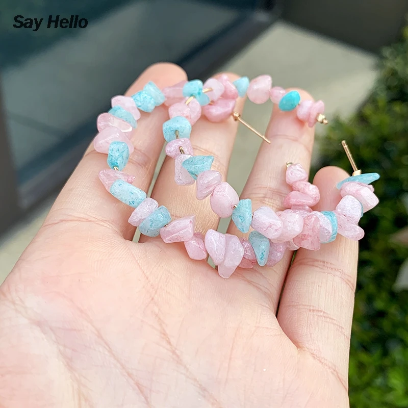 SAY HELLO Women's Bohemian Geometric Stone Beaded Hoop Earrings Female Oversize Circle Pink Brinco F0238 | Украшения и