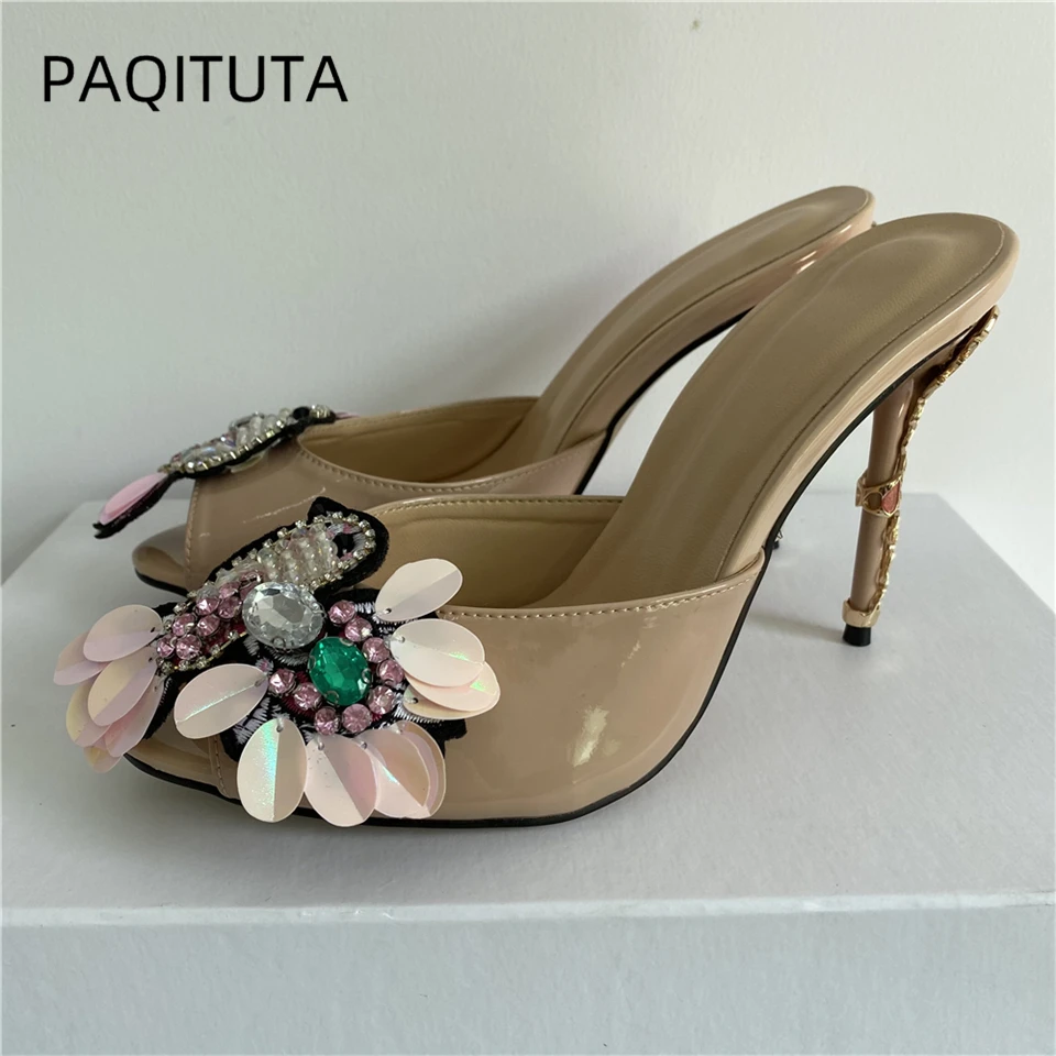 

Jeweled Diamond Beaded Flower Sandals Women Colorful Petal Decor Stiletto Heel Patent Leather Slingbacks Mules Summer