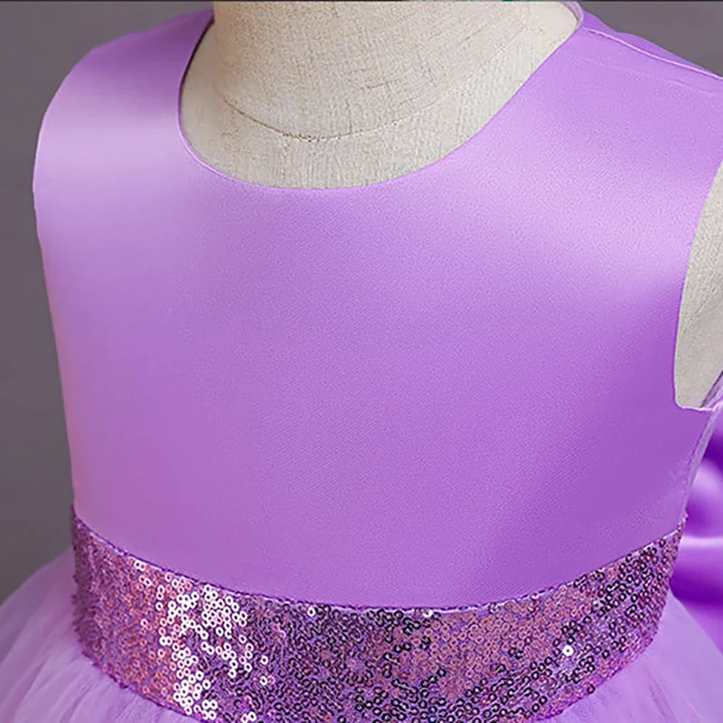 

Luxury Purple Flower Girl Dresses Lace Sequined Sleeveless Bow Tulle Ball Gown O-Neck Knee-Length Kids Party Princess Skirt D302