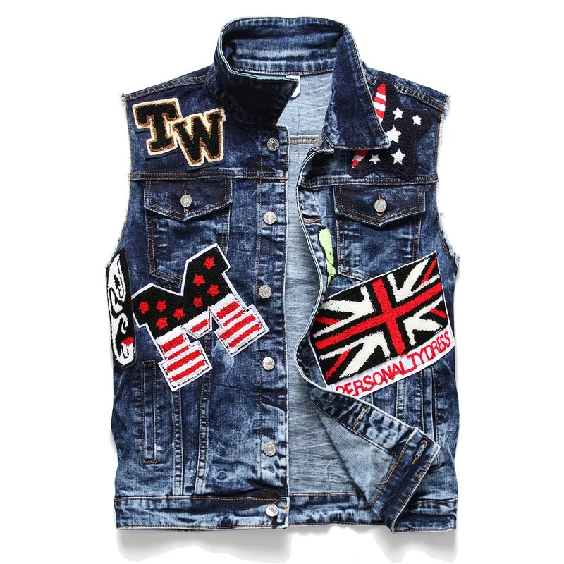 

Mens Jeans Jacket Sleeveless Blue Patch Badge Flocking Denim Vest Hip Hop Streetwear Youth Cowboy Punk Jeans Vest