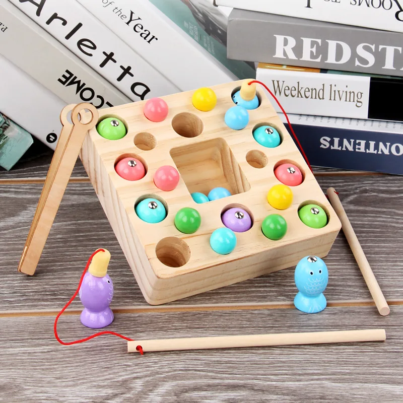 

Montessori wooden toys Children 2 In 1 Early Educational Clip Beads Magnetic Fishing Game Toy For Children Gift
