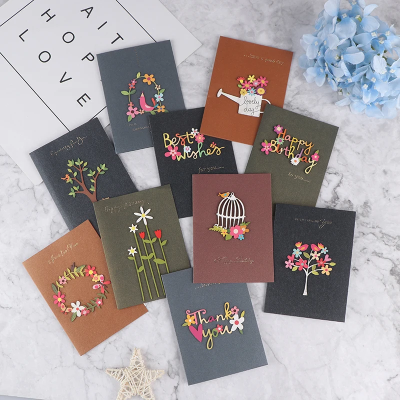 5pcs 3D Kraft Paper Invitation Greeting Card Handmade DIY Wood Carving Flower Patch Valentines Day Wedding Party | Канцтовары для