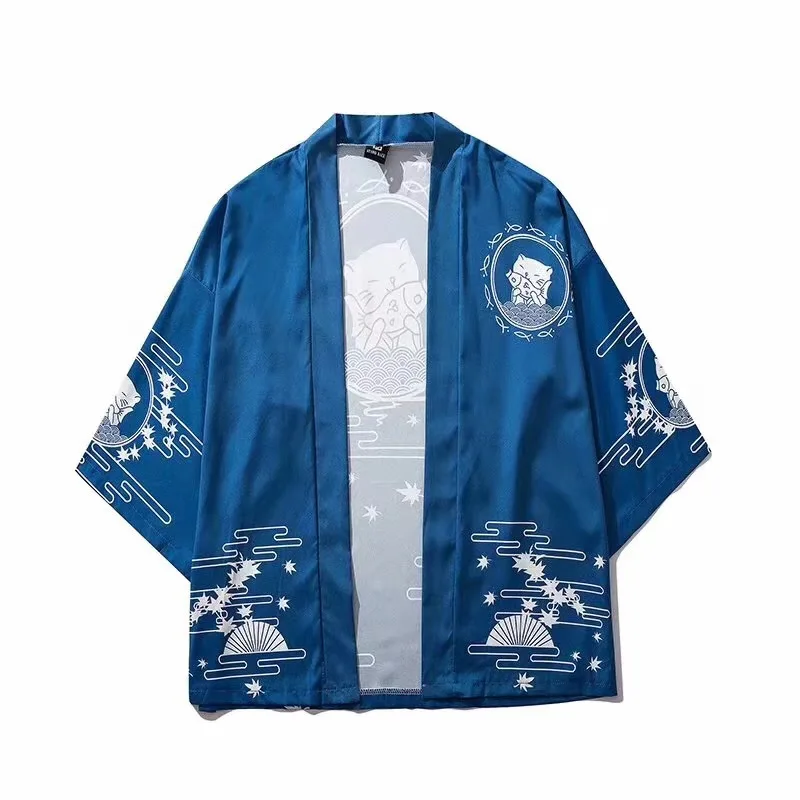 

Kimono For Men Cross-border Japanese lucky cat robe wavy shirt couple cloak five-sleeve T-shirt