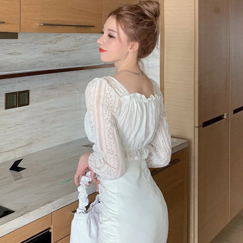 

Women Shirts Solid Color Square Collar Blouses Ladies Spring Autumn Lace Sexy Sweet Exposed Navel Long Sleeve Blouses Tops