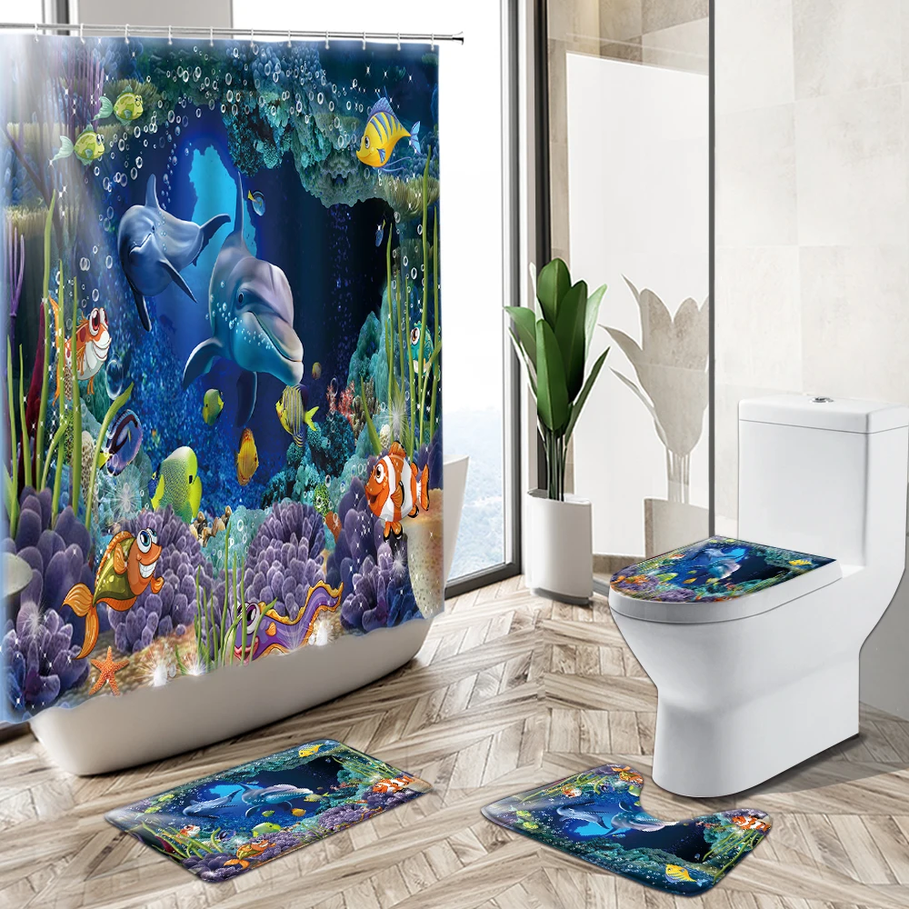 

3D Ocean Design Dolphin Waterproof Fabric Bathroom Shower Curtain Set Animal Whale Non-Slip Pedestal Rug Toilet Cover Home Deco