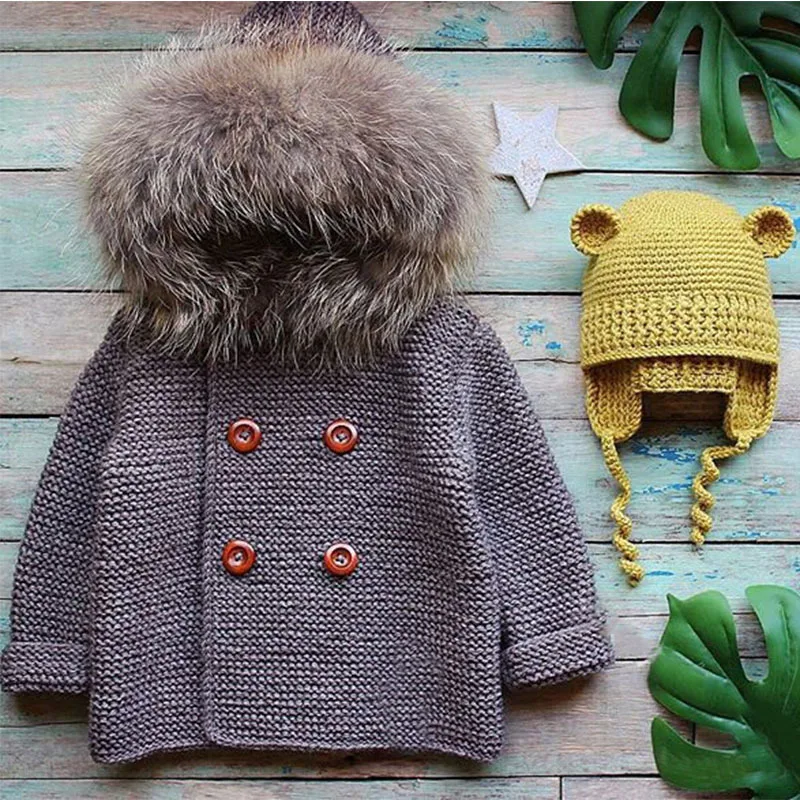 

Baby Faux Fur Hooded Coat Boys Girls Clothes British Double Breasted Warm Sweaters Kids Winter Thicken Outwear Fashion Knitwear