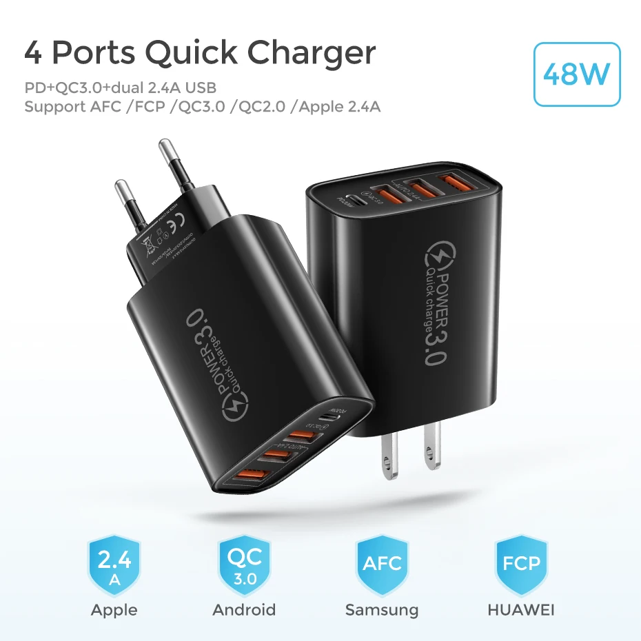 48w usb charger qc 3 0 type c pd fast charge for iphone 12 13 max samsung s21 huawei xiaomi mobile phone euus plug wall charger free global shipping