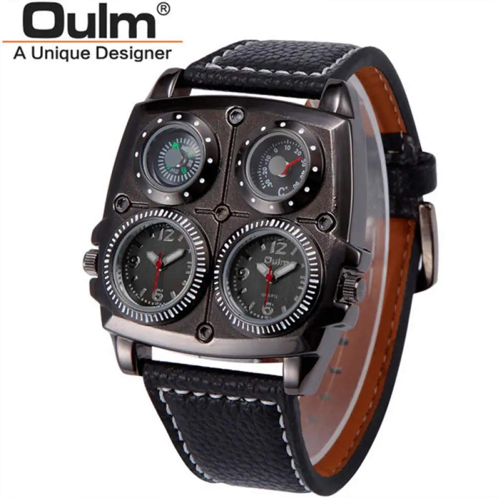 

Oulm 2021 Hot Sale Men Dual Time Zone Military Watch Decorative Compass Thermometer Big Dial Leather Casual Quartz Male Watch