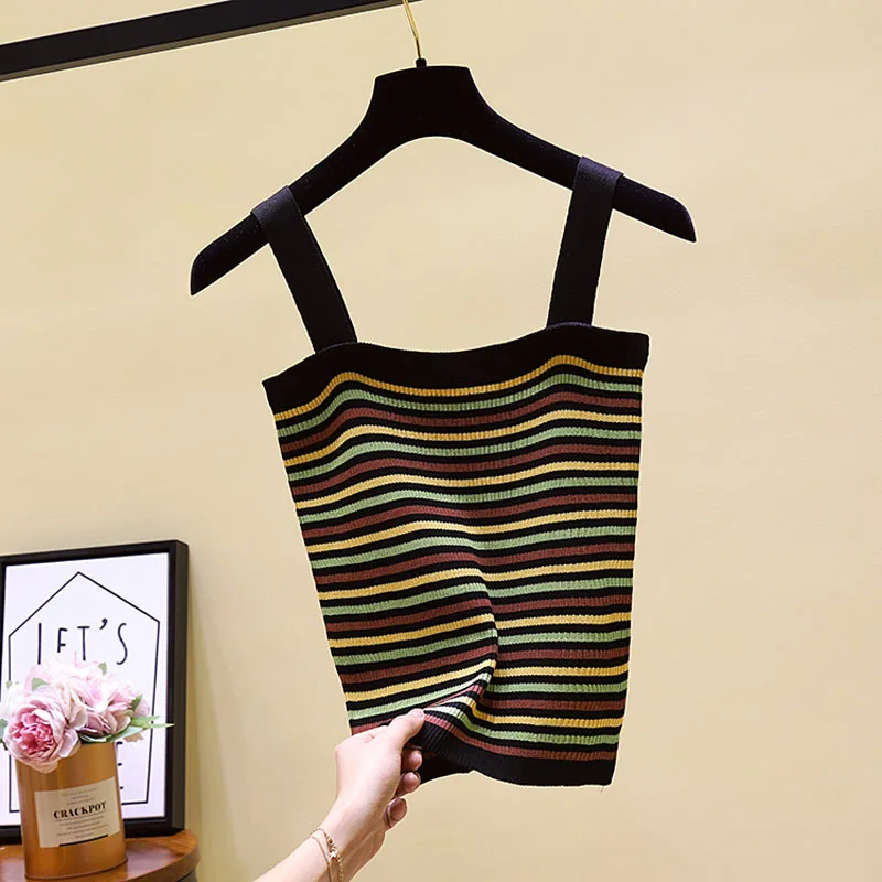 Sweater Vest Women Spaghetti Strap Knitted Tops Summer Fashion Chic Beach Camisole Sleeveless Knitwear Ladies Elastic | Женская одежда