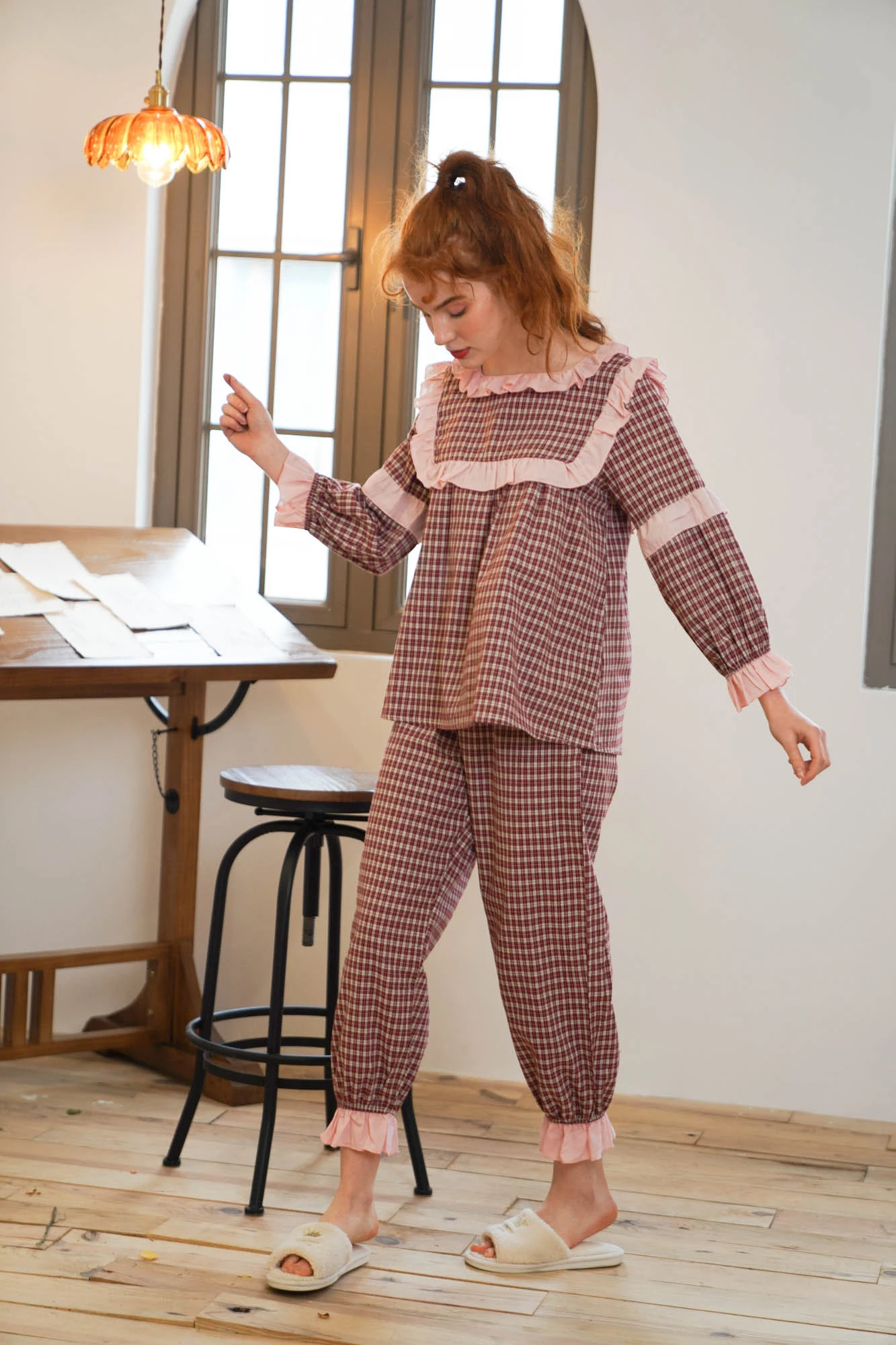 Весенняя хлопковая розовая клетчатая кружевная Домашняя одежда удобный и