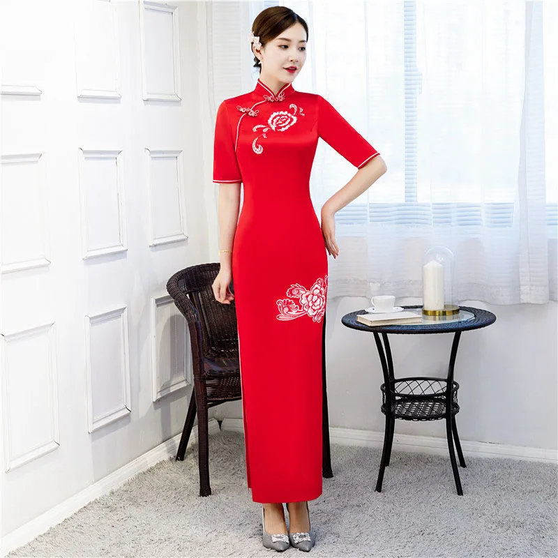 New Embroidery Cheongsam Long Dress Vintage Slim Women Dresses Handmade Button Costume Chinese Qipao Blue Red S To 6XL