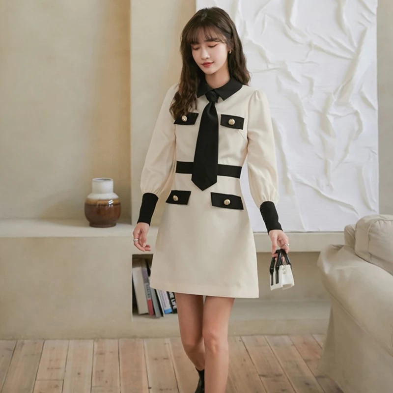

Women Dress 2021 Spring Elegant With Tie A-Line Long Sleeve Midi Shirt Dress Office Lady Chic Button Fake Pocket Lapel Vestidos