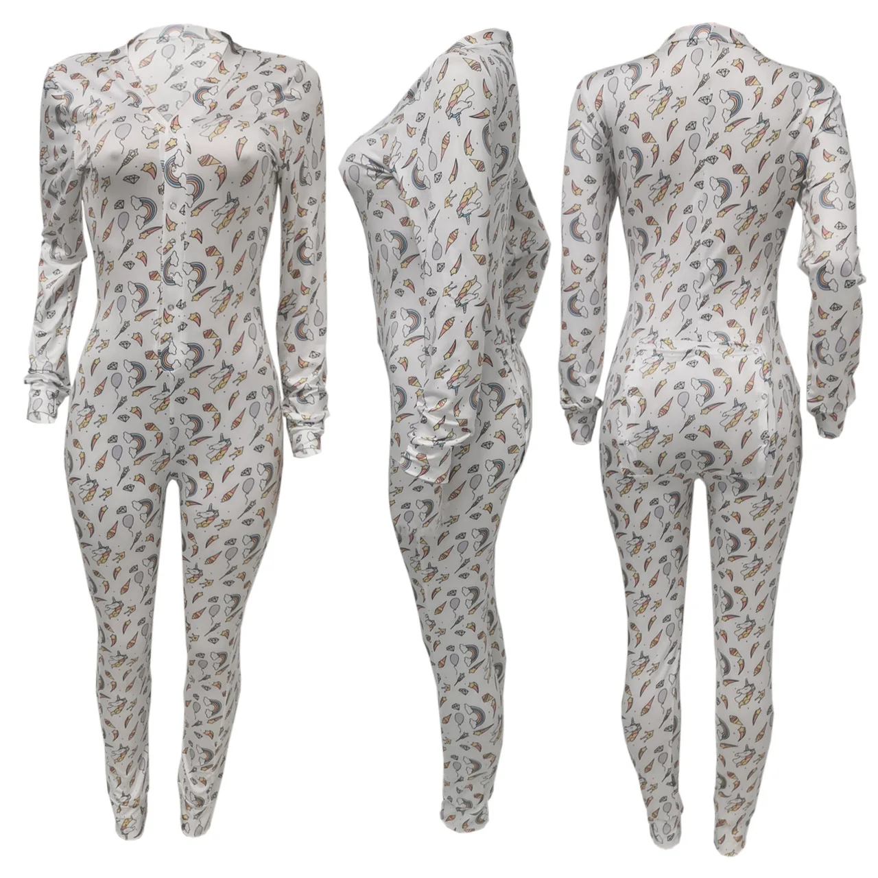 

HAOOHU Striped Pattern Print Skinny Jumpsuit Fall Clothing for Women 2021 Harajuku Long Sleeve Buttons Up One Piece Overall