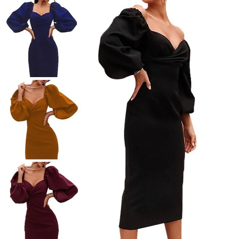 

2021 new autumn hot selling temperament dress skirt mid-length waist puff sleeve sexy long-sleeved dress women
