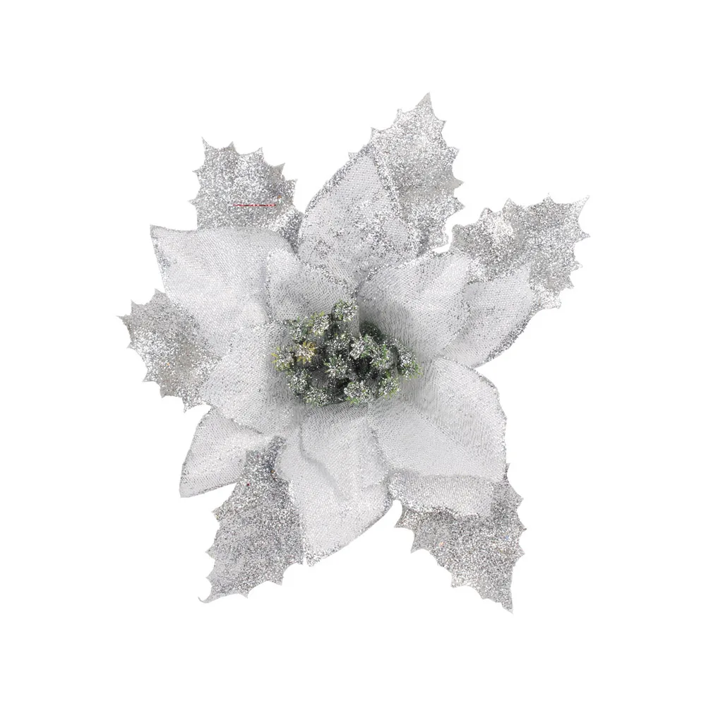 Silver(17cm) 12pcs/lot Artificial Christmas Flowers Plastic&Cloth Glitter Hollow Flower For Christmas Tree Decoration DIY Xmas New Year Decor - Цвет: Silver(17cm)