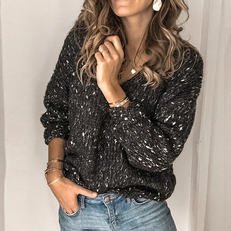 Sexy Women V-Neck Knitted Sweater Casual Solid Autumn Long Sleeve Pullover Tops Elegant Winter Warm Sweaters Jumper Pull Femme