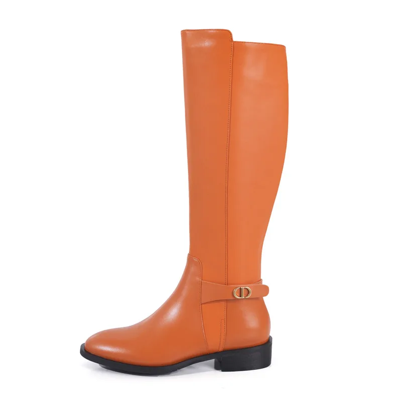 

Riding Boots Leather Handsome Mid-Calf Women Shoes Pure Color Equestrian Ladies Boots New Flat Rider Plush Winter Botas De Mujer