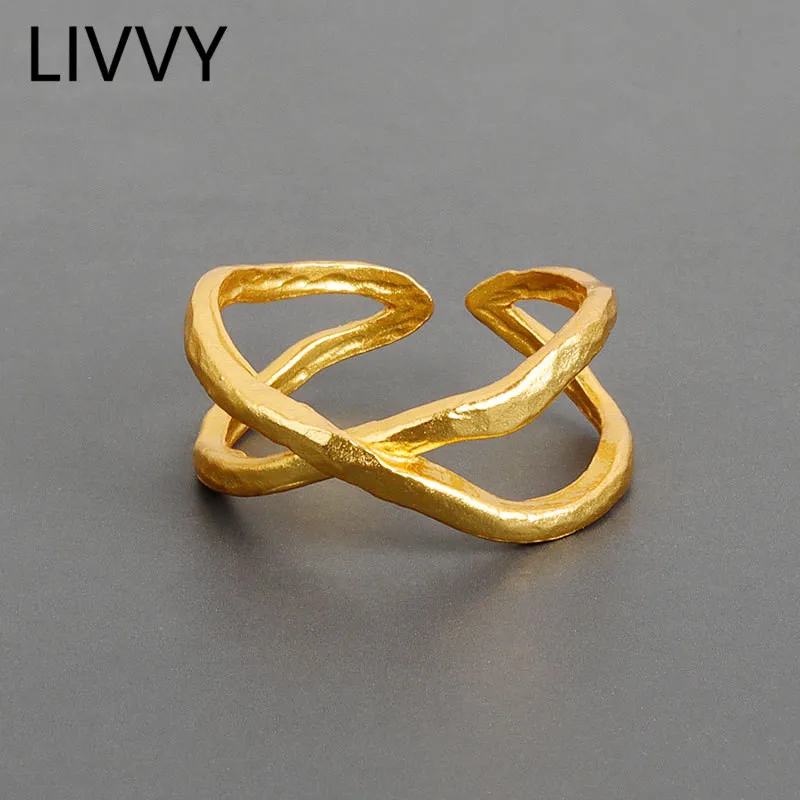 

LIVVY Silver Color European RoundResizable Intersecting Ring Retro Fashion Tide Flow Open Rings 2021 Trend