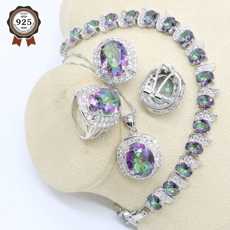 Multicolor Rainbow Crystal Silver Color Jewelry Set for Women Bracelet Earrings Necklace Pendant Ring Birthday Gift | Украшения и