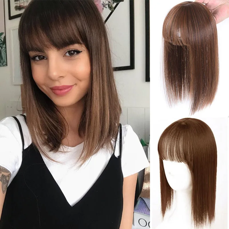 DIFEI Synthetic Hair Clip in Hairpieces With Bangs For Women Long Straight Hairpieces Brown Colors Wigs To Increase Hair