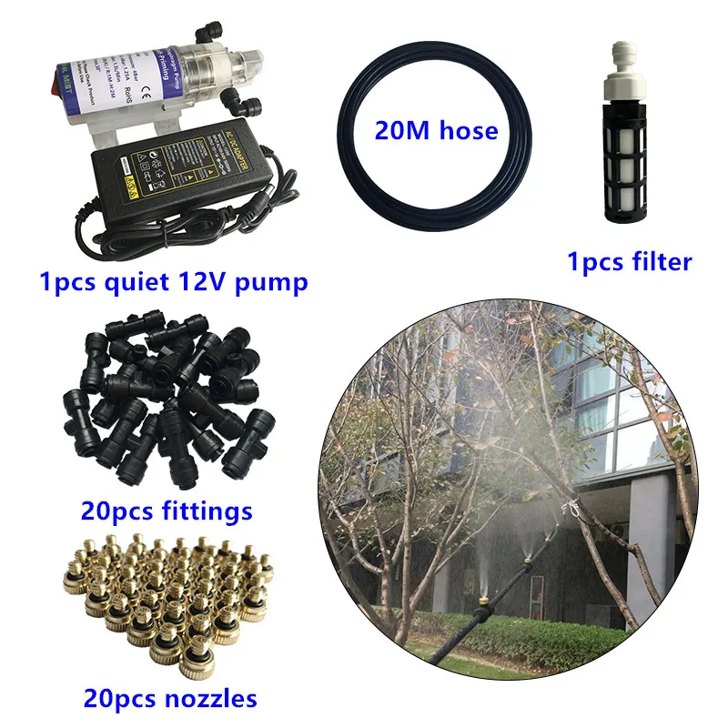 S295 DIY 10M/20M misting system with 10pcs/20pcs nozzles mist water spray 12V pump kits