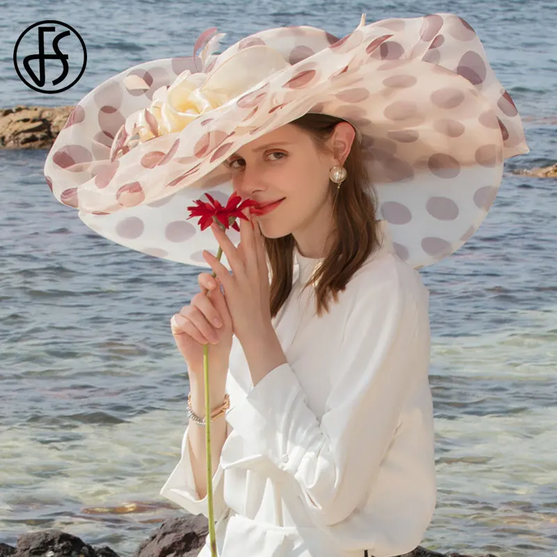 Женская пляжная шляпка от солнца FS розовая Шляпка из органзы в горошек с большими