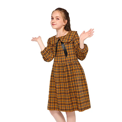 Kseniya Kids Wholesale Peter Pan Collar Bow Plaid Girl Dress Long Sleeve For 2 to 9 Years - Цвет: Кофе