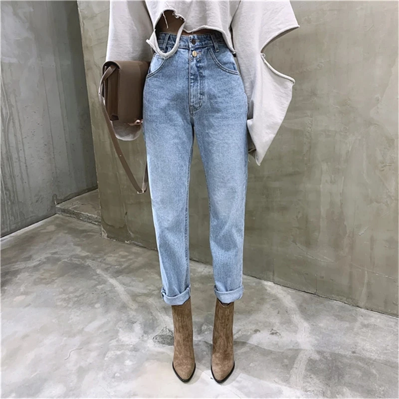 

Retro Wild Fashion Design High Waist Jeans 2020 Spring New Women's Street Shooting Loose Button Zipper Washed Nine Points Jeans