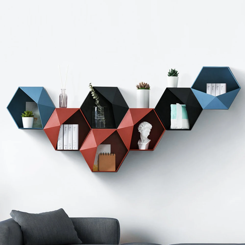 

Nordic Living Room Wall-Mounted Shelf Rack Box Hexagon Shelf Wall Hanging Rack Punch-Free Wall Decoration Bathroom Organizer